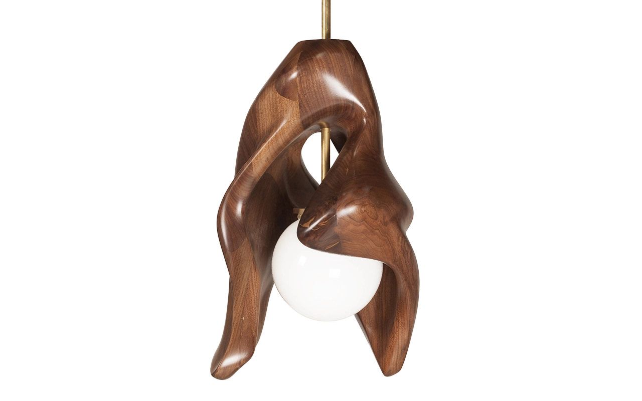 Sculptural solid wood pendant light Tulip by Amorph Studio