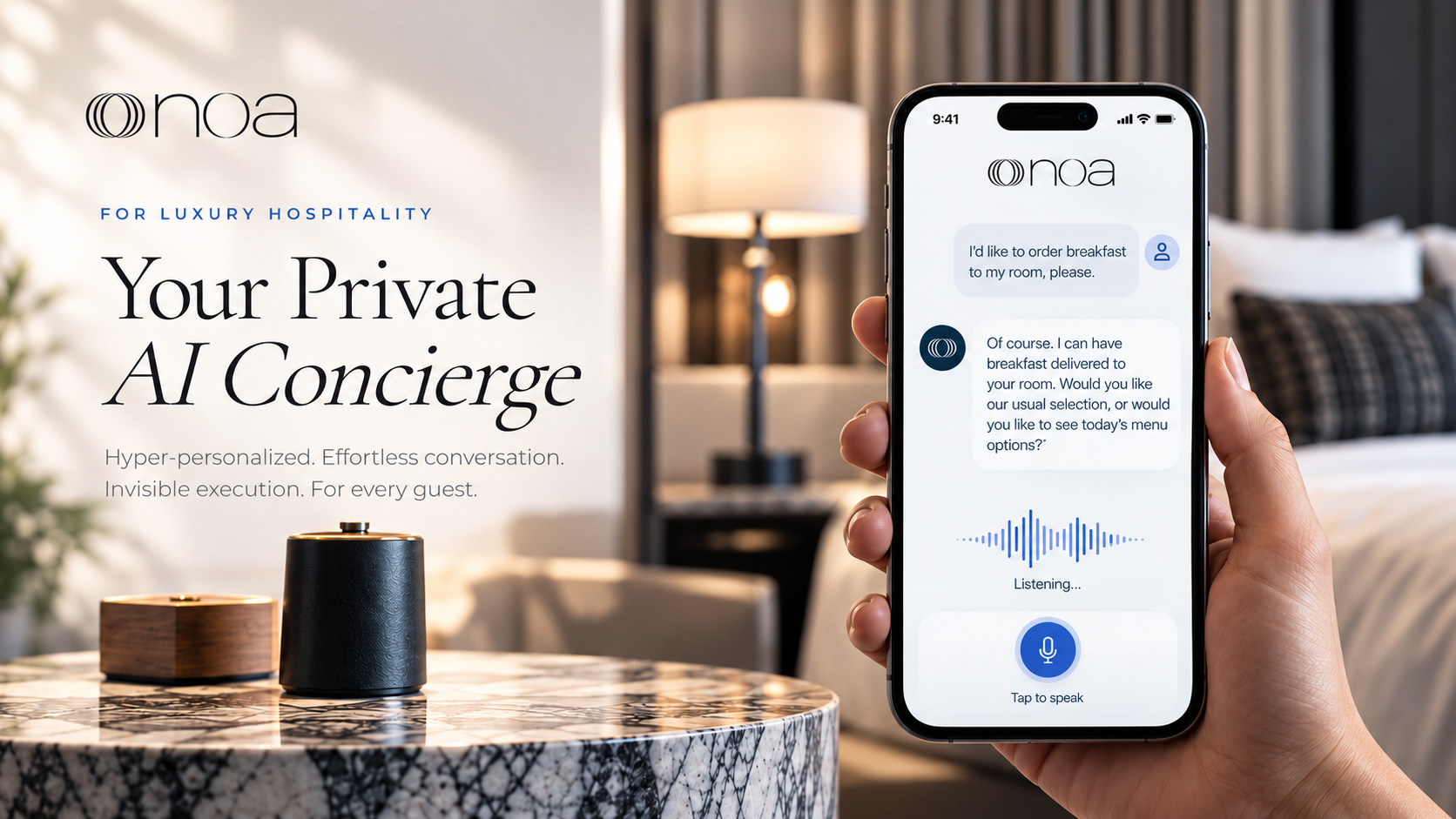 NOA private AI concierge voice-enabled conversation in luxury hotel