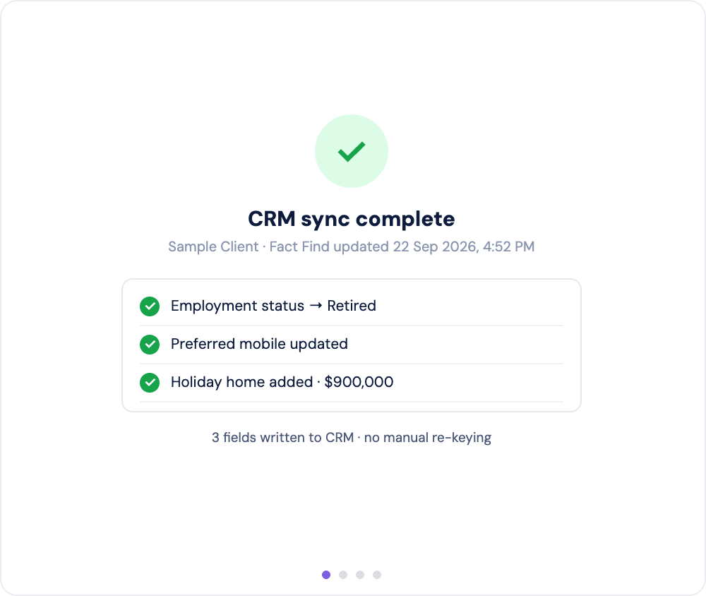 Fact Find Sync showing changed fields ready to sync to CRM