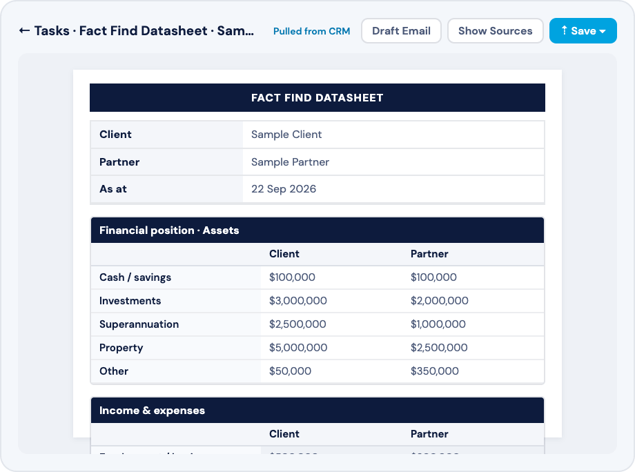 Fact Find Datasheet in Filenote AI