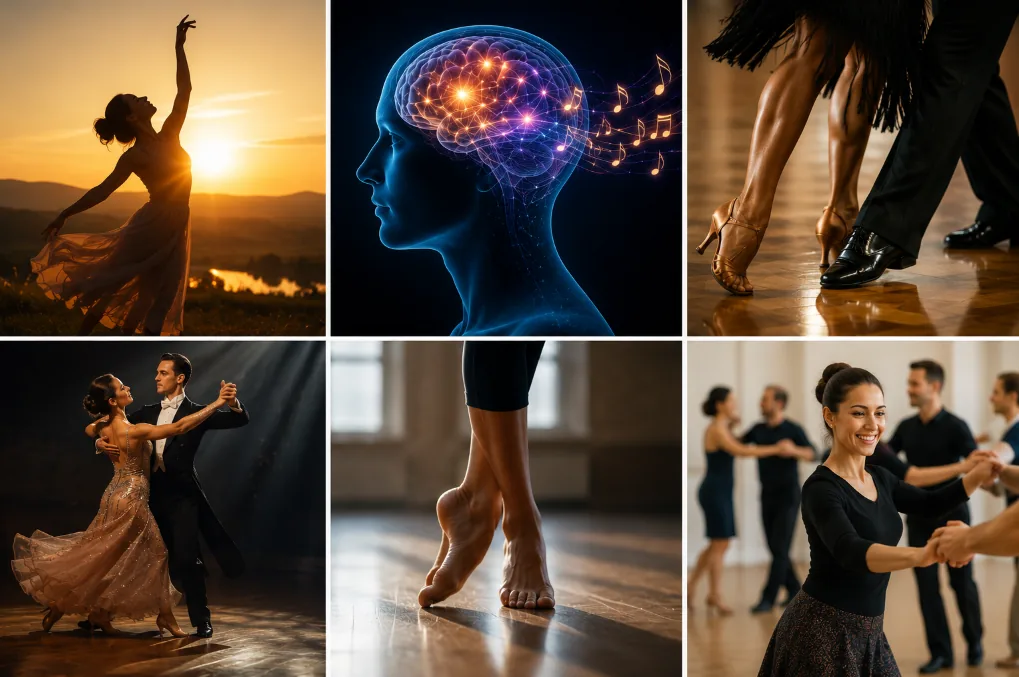 Collage of dancers, a brain responding to music and partners dancing together