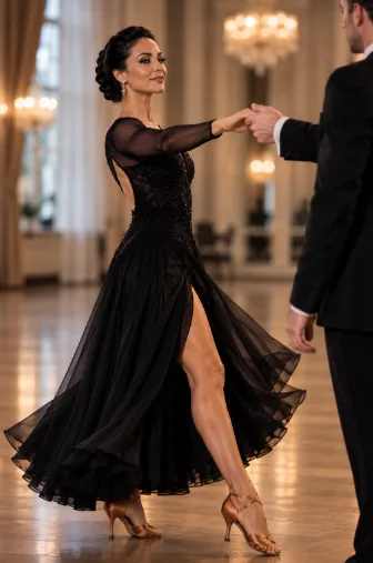 Elegant ballroom couple in a black dress and suit dancing in a grand ballroom
