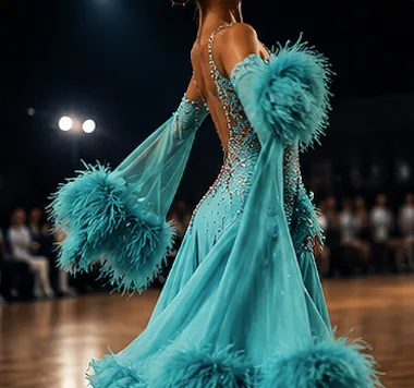 Turquoise ballroom competition dress with feathers in motion