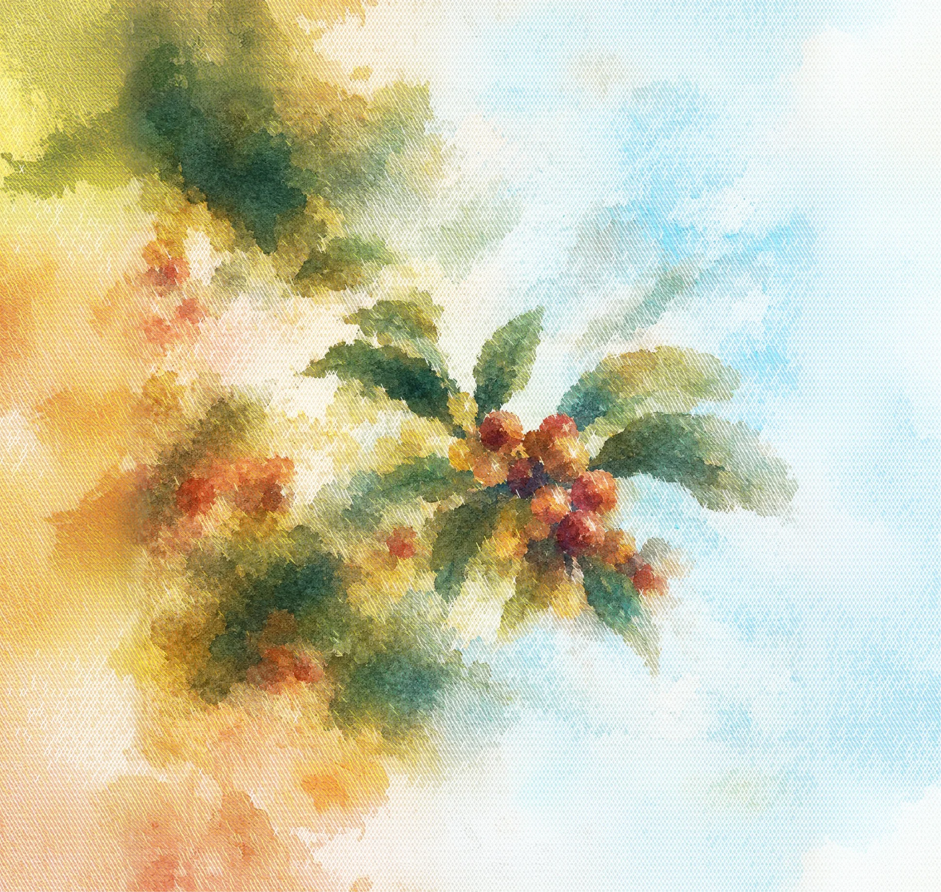 Watercolor painting of green leaves and clusters of red berries with a soft, blurred background blending warm yellow and cool blue tones.