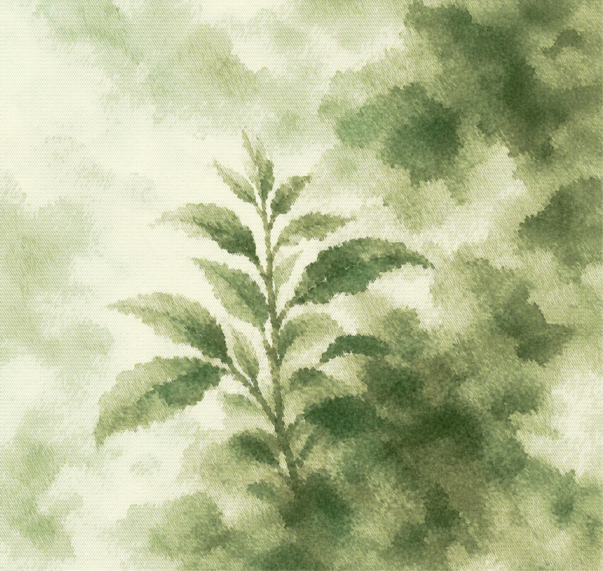 Watercolor painting of a green plant stem with multiple leaves set against a soft, textured green and beige background.