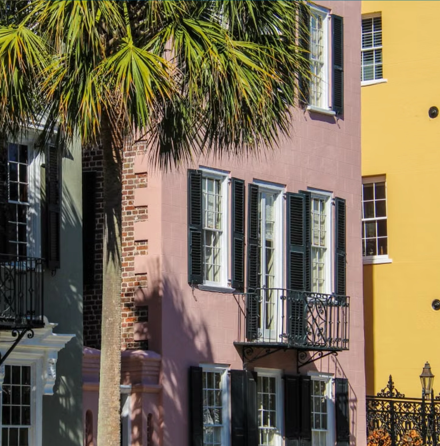 Close-up of colorful historic buildings in Charleston with green shutters, an ornate black iron balcony, and a tall palm tree casting shadows on a pink facade next to a yellow building.