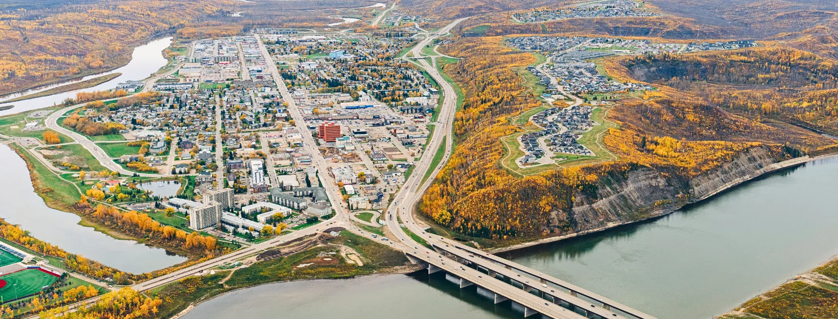 Aerial view of Fort McMurray and the Athabasca River