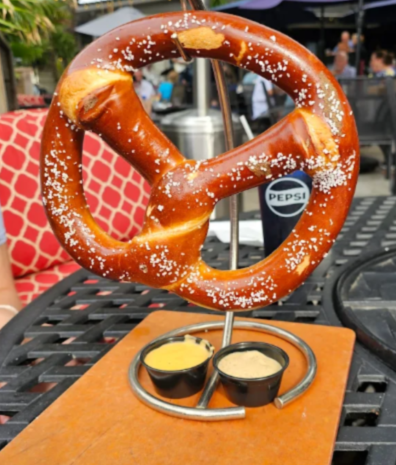 Bavarian pretzel served with two dips