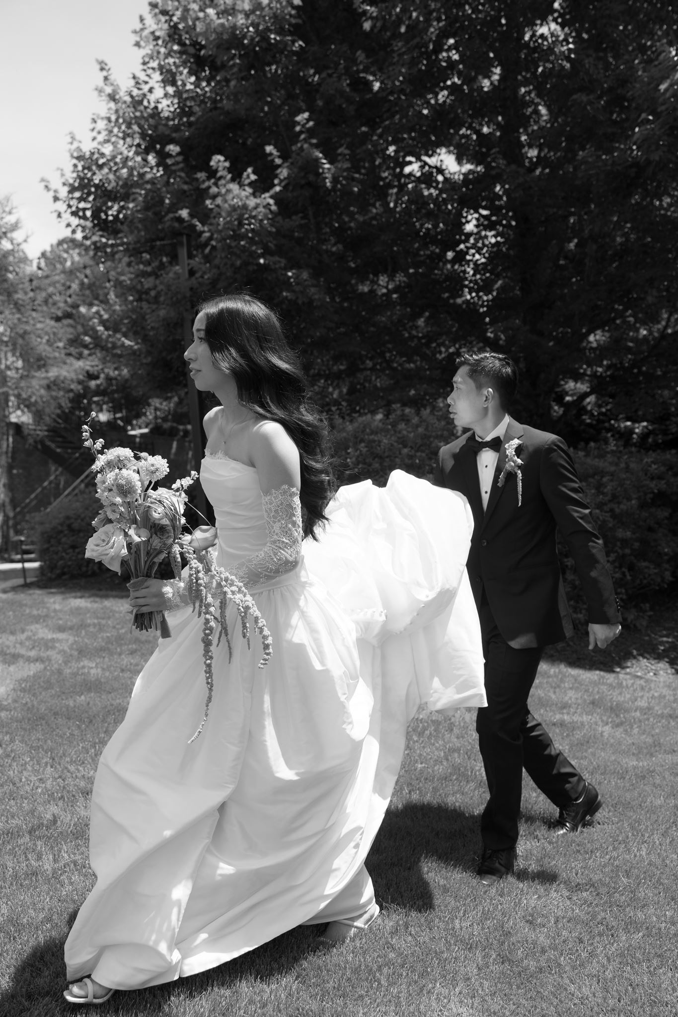 Val and Tai walking, black and white