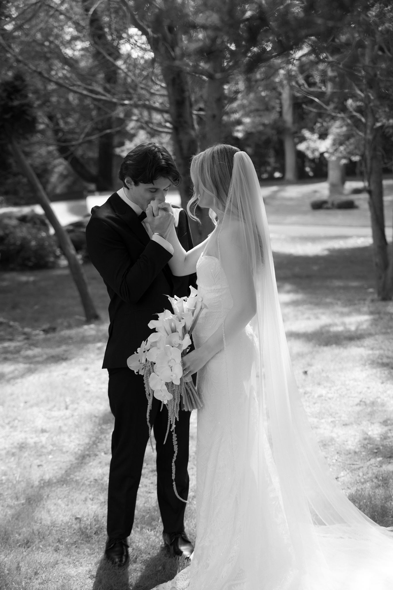Caitlin and Greg in the trees, black and white