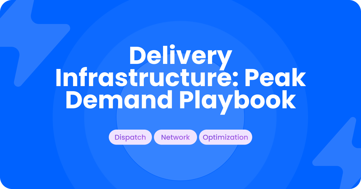 Blue title card reading Delivery Infrastructure: Peak Demand Playbook, tagged dispatch, network and optimization