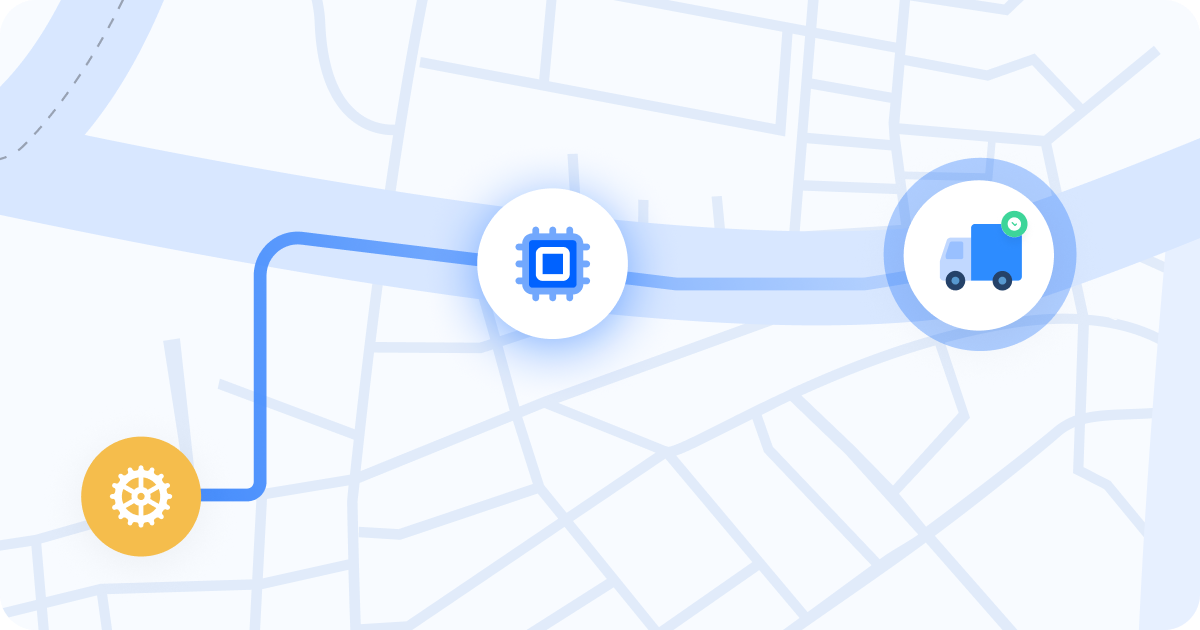 AI in last-mile delivery illustration: a map route through an AI chip icon to a delivery truck