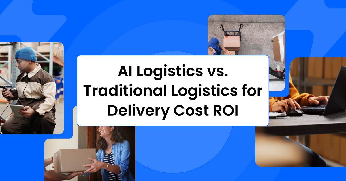 AI logistics vs. traditional logistics title card with photos of warehouse workers and a person at a laptop