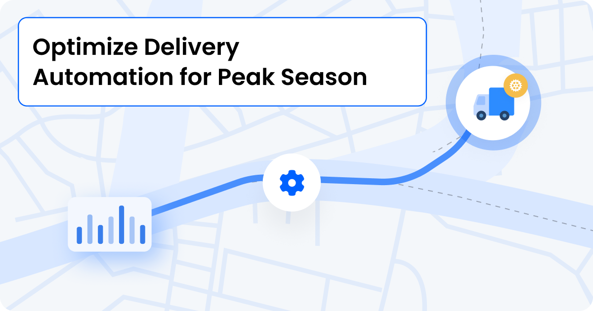 Peak season delivery automation illustration: a map route with truck, gear and chart icons