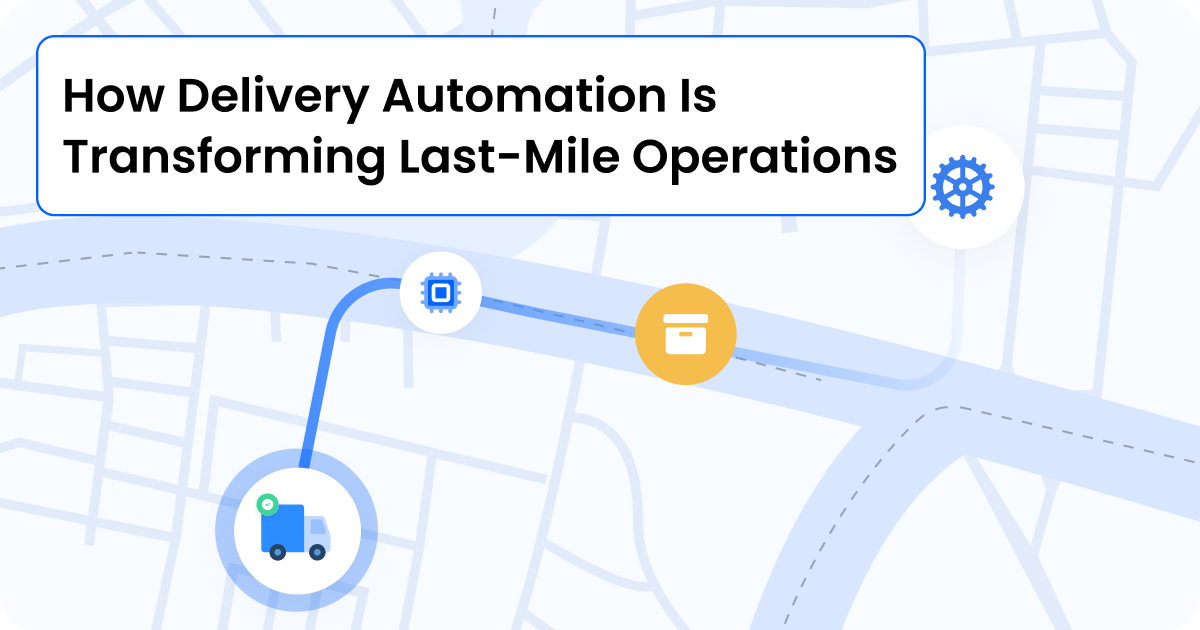 Last-mile delivery automation illustration: a map route from a delivery van to a parcel