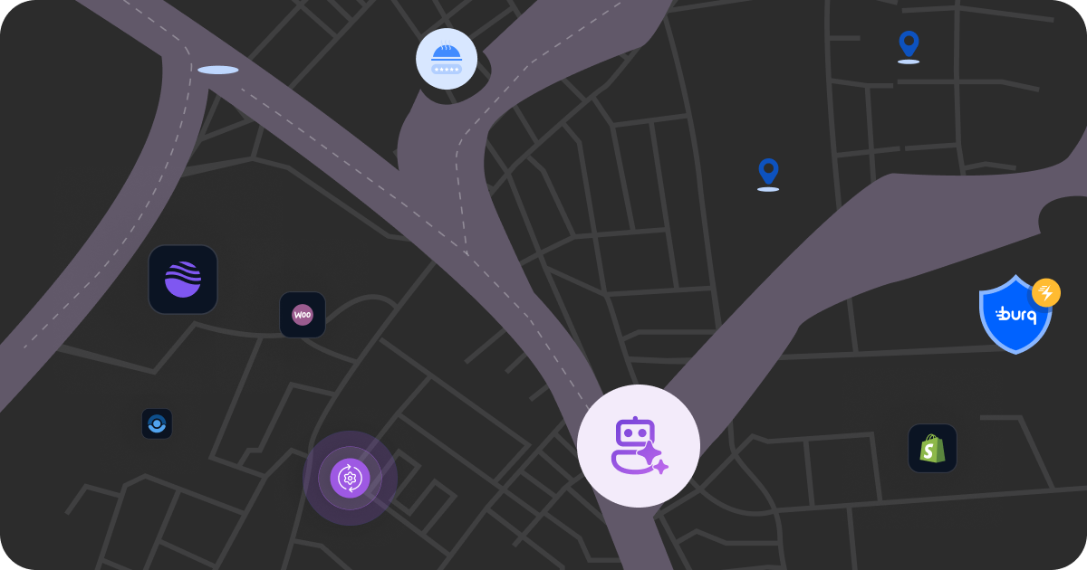 Dark city map with a delivery route ending at an AI robot icon, for last-mile optimization