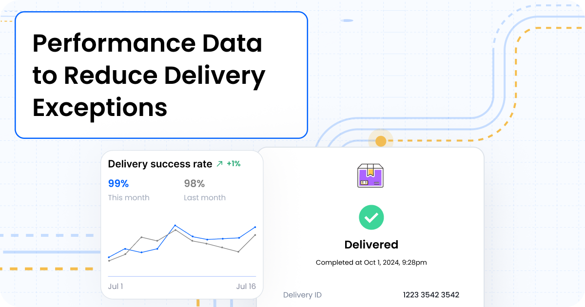 Delivery exceptions dashboard with a delivery success rate chart and a delivered confirmation