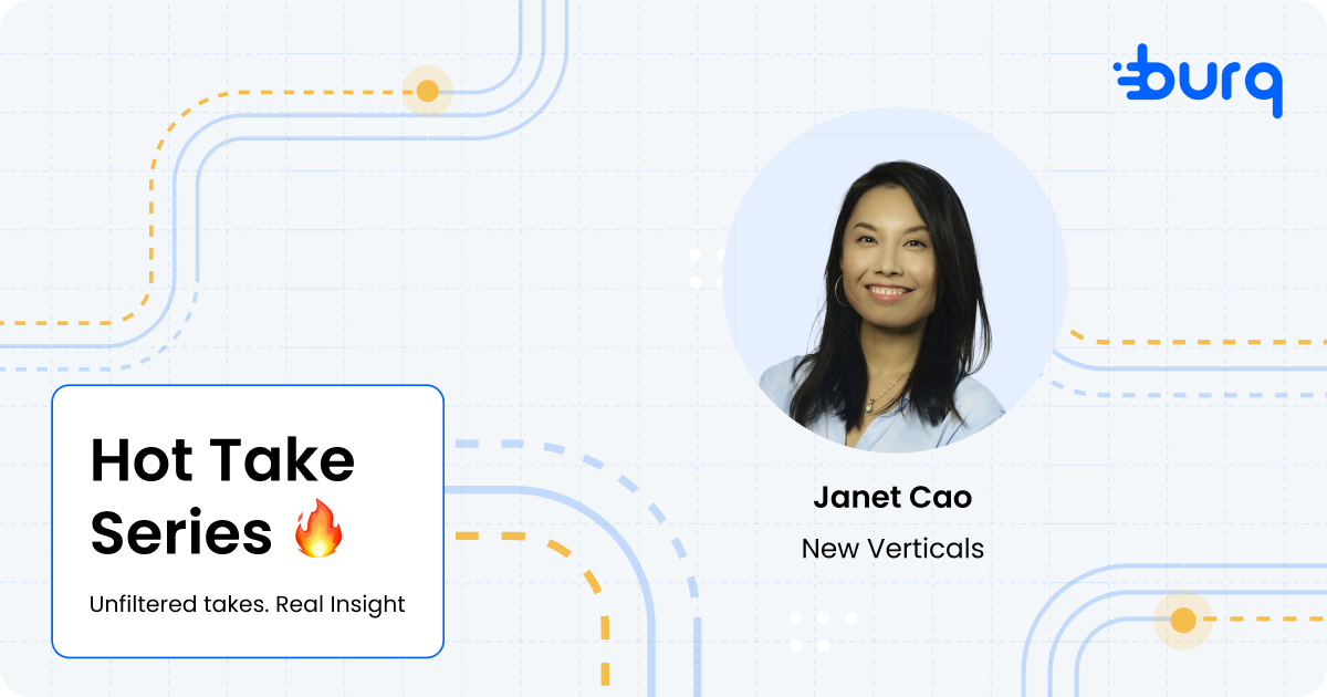 Hot Take Series card on last-mile delivery growth, with a headshot of Janet Cao, New Verticals