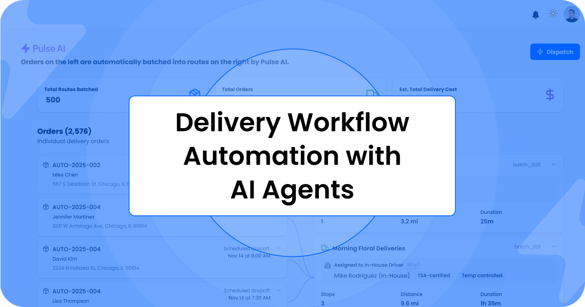 Delivery workflow automation with AI agents title card over a faded dispatch dashboard