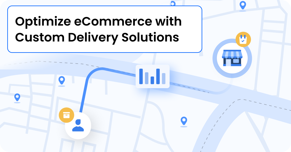 Ecommerce delivery illustration: a map route from a customer to a store with a chart icon