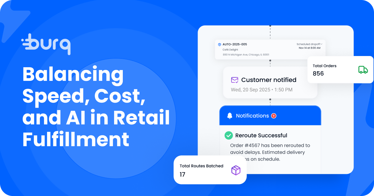 Retail fulfillment graphic, Balancing Speed, Cost, and AI, with Burq app notification screens