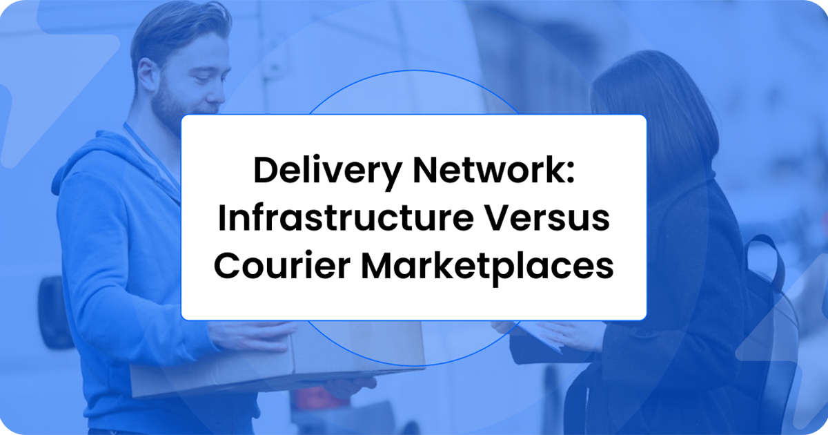 Title card comparing delivery network infrastructure with courier marketplaces, over a photo of a courier