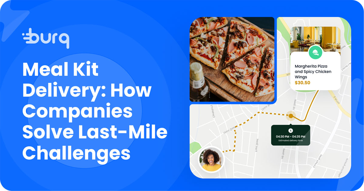 Meal kit delivery graphic with a pizza photo and delivery tracking app screens on a blue background
