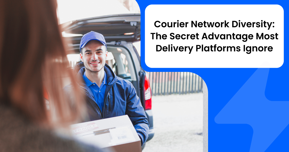 Smiling courier in a blue cap holding a package beside a van, for courier network diversity
