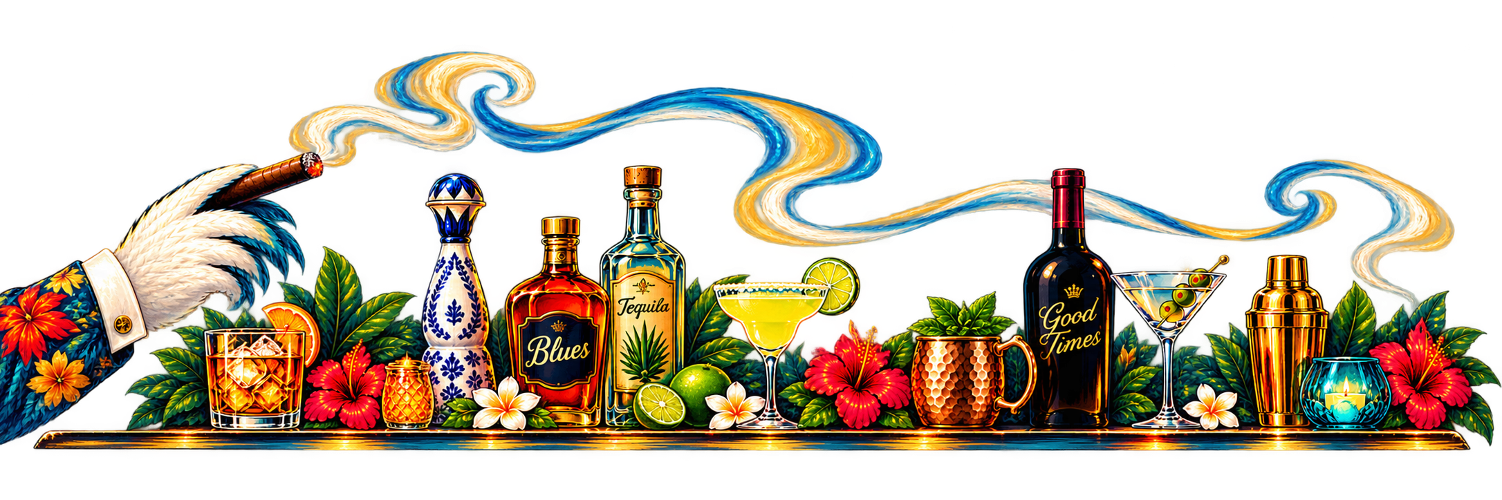 Cock Flock cocktail bar lineup with cigar smoke