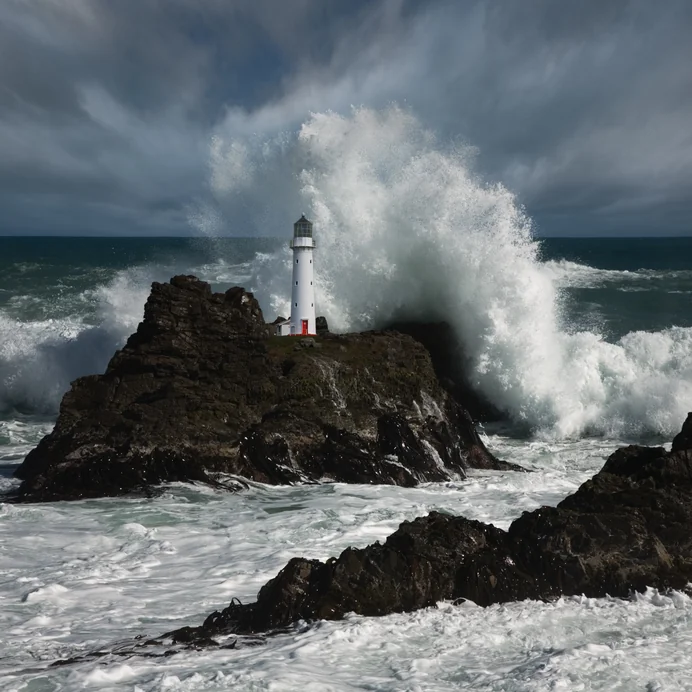 A lighthouse standing firm as a wave breaks over the rocks