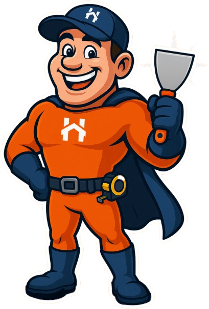 Cartoon mascot of a smiling handyman superhero in an orange suit with a cape and cap holding a putty knife in his raised right hand.