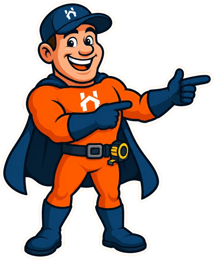 Cartoon superhero character in orange and navy suit with a cape, pointing to the right with both hands and smiling widely, wearing a navy cap with a white house logo.