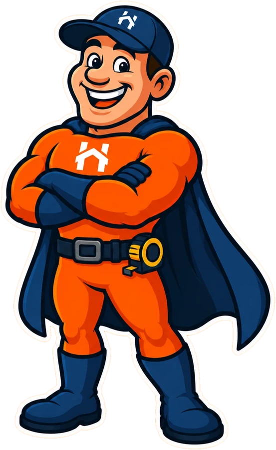 Cartoon superhero character with a smiling face, wearing an orange suit with a white house-shaped logo on the chest, navy blue boots, gloves, cape, and cap with the same logo, standing confidently with arms crossed.
