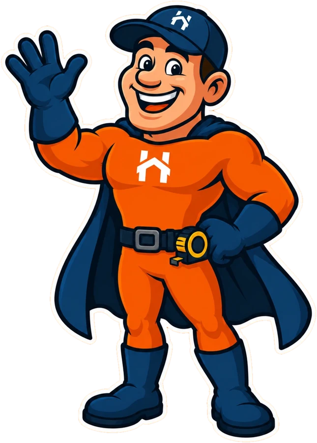 Cartoon superhero wearing an orange suit with a white house logo on the chest, a navy blue cape, gloves, boots, and cap, smiling and waving with one hand.