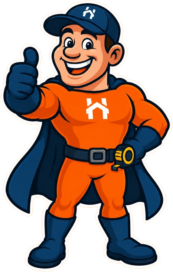 Cartoon superhero character wearing an orange suit and blue cape, gloves, boots, and hat; the hat and chest display a white house symbol; the character is smiling and giving a thumbs-up with the right hand while the left hand rests on the hip holding a tape measure.
