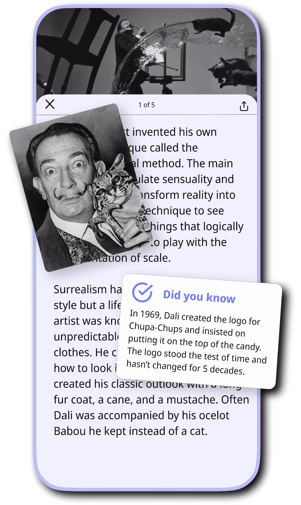 Article about Salvador Dalí with a “Did you know” fact from Nerdish App