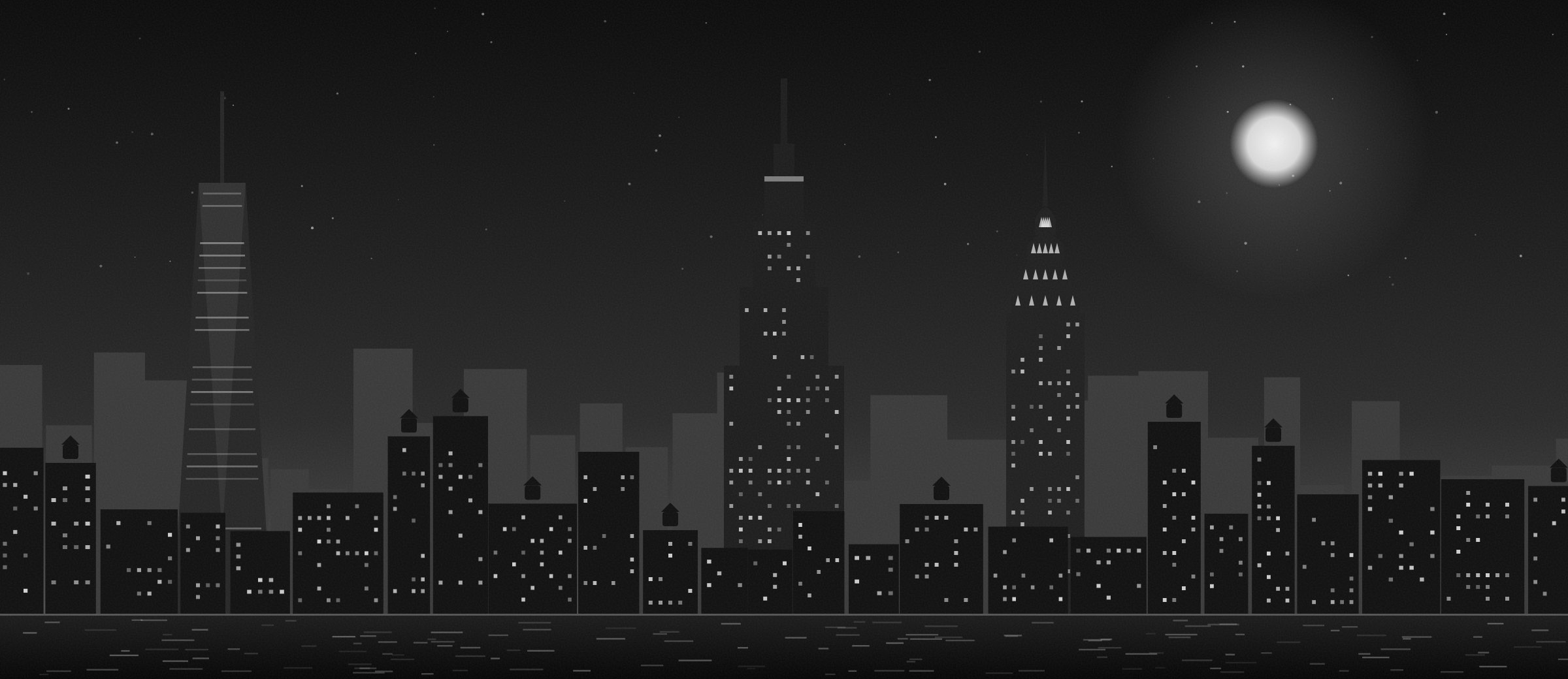 Black and white New York City skyline at night