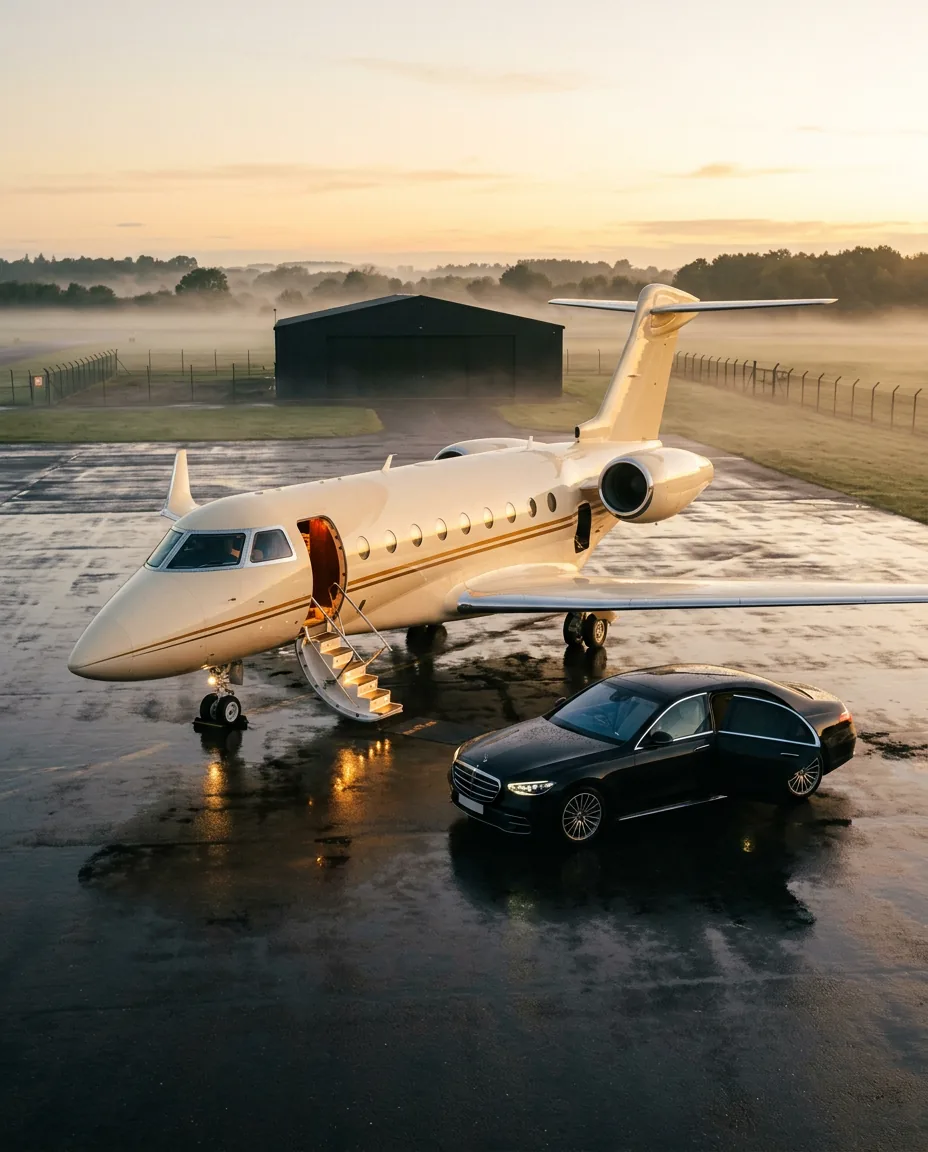 Private jet on the apron at dawn, private charters Dubai