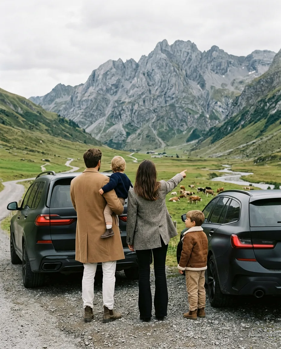 Family in the mountains beside their cars, family lifestyle management