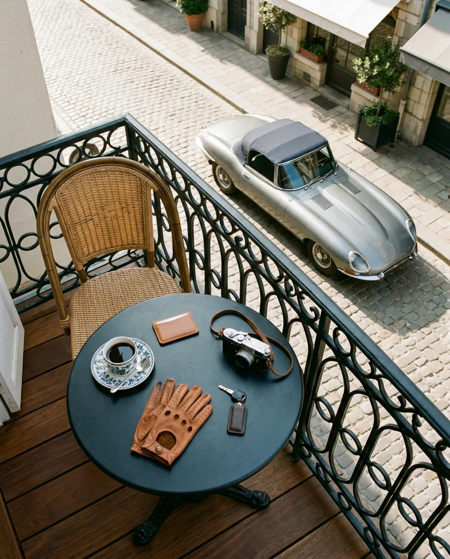 Balcony breakfast above a classic car in a courtyard, lifestyle concierge