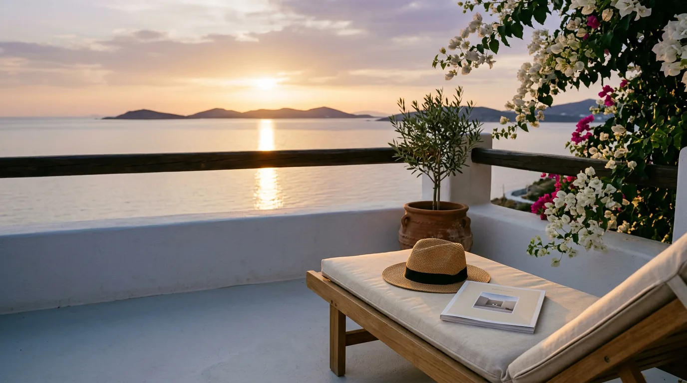 Golden hour terrace above the sea, a straw hat and a magazine on a daybed