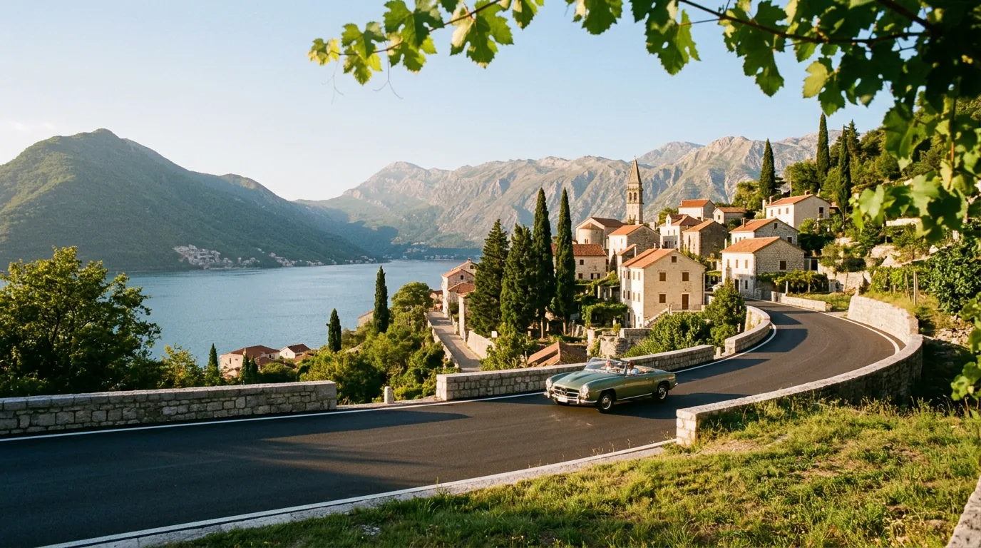 A vintage convertible on a winding road above a bay, with a stone village, cypress trees and mountains beyond