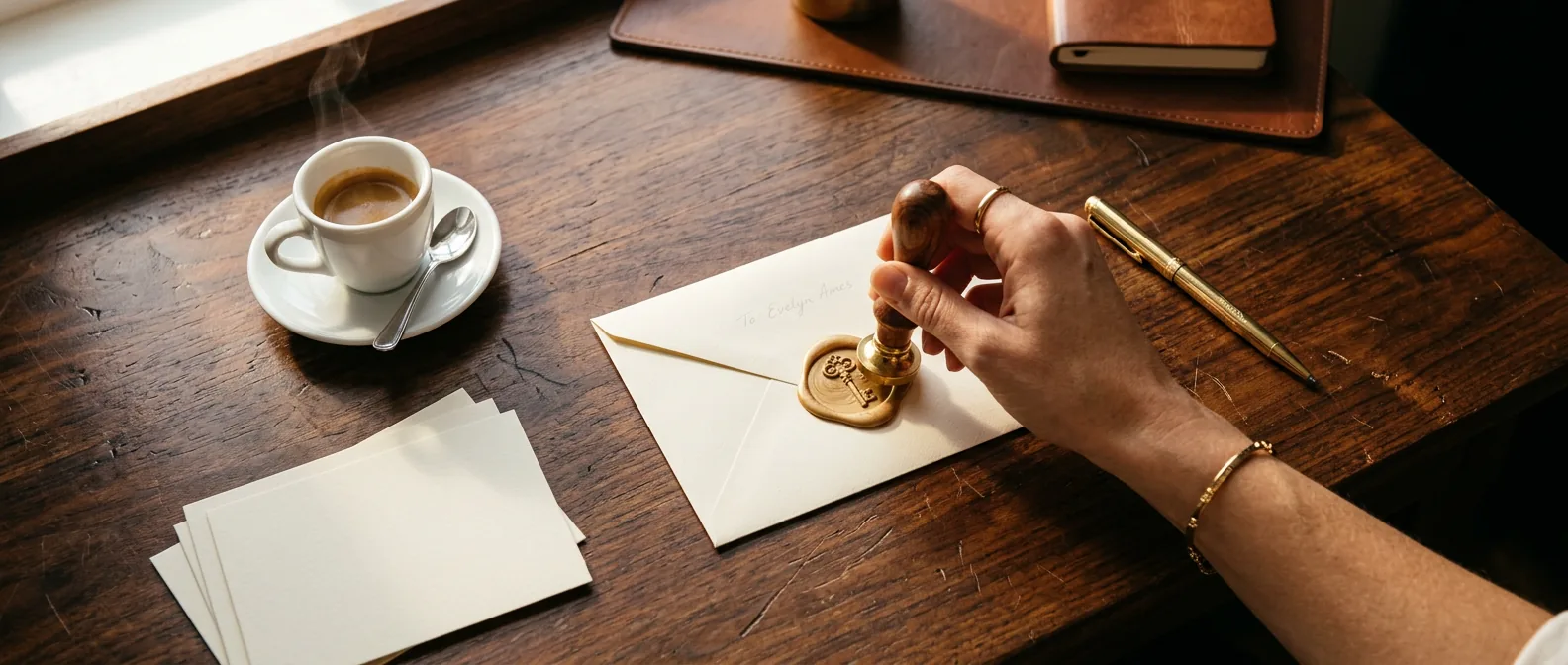 A hand pressing a gold wax seal onto a cream envelope beside an espresso on a dark wooden desk