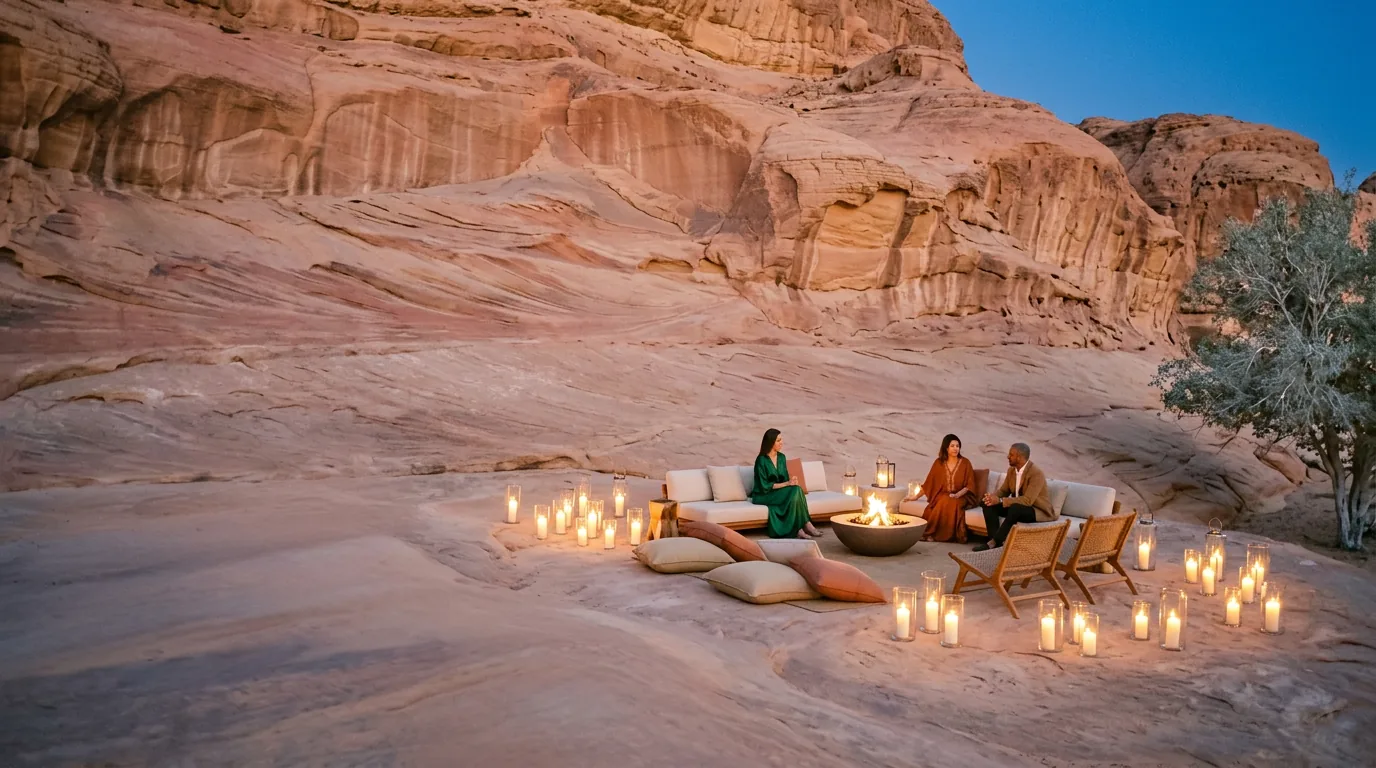 Candlelit seating around a fire pit beneath desert cliffs at dusk, luxury concierge services in Dubai