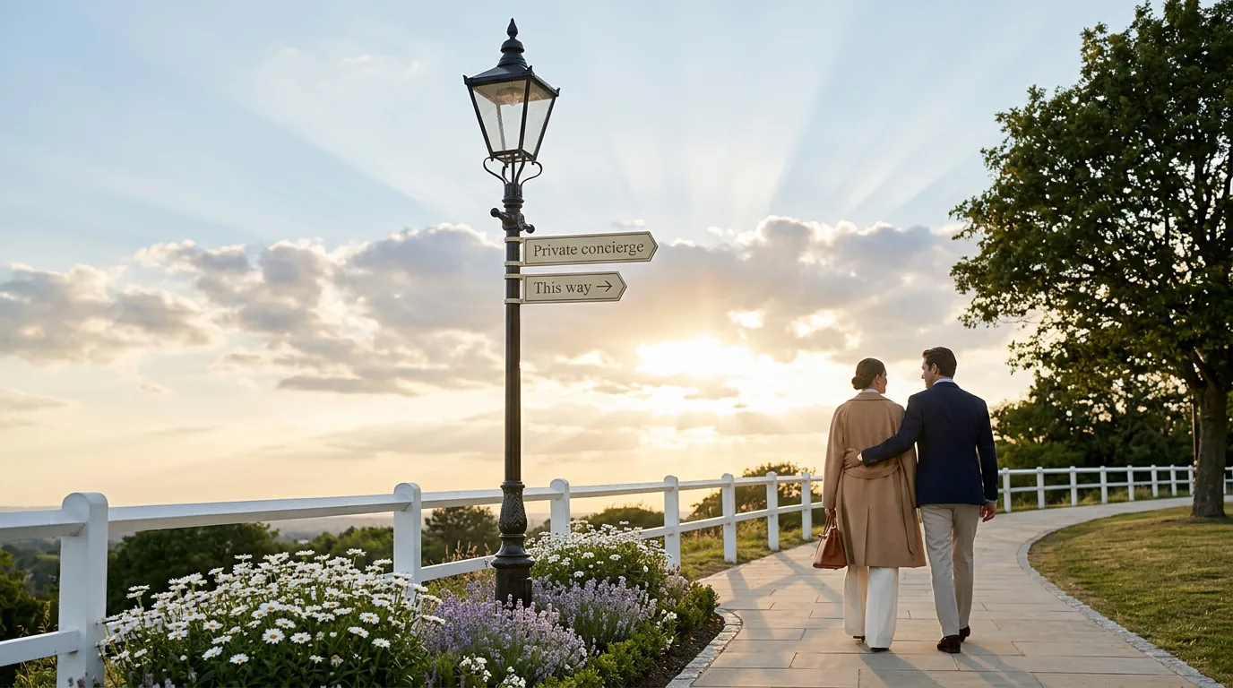 A lamppost signed Private concierge, This way, on a hilltop path at sunset