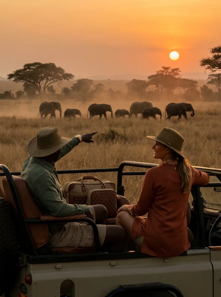 A safari vehicle at golden hour, elephants crossing beyond