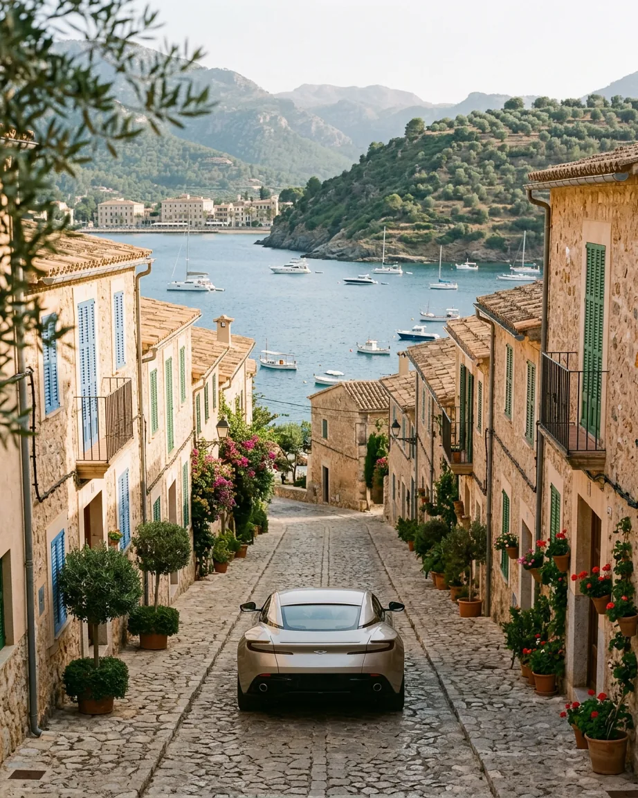 A coupé on a cobbled lane above a bay of yachts