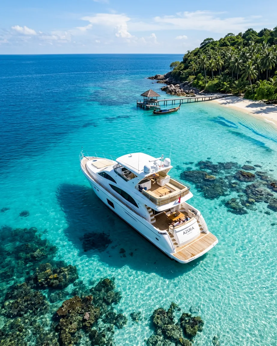 A white motor yacht at anchor off a palm-fringed beach, yacht charter