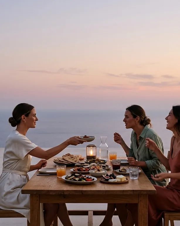 A dinner for three on a terrace at dusk, the sea beyond