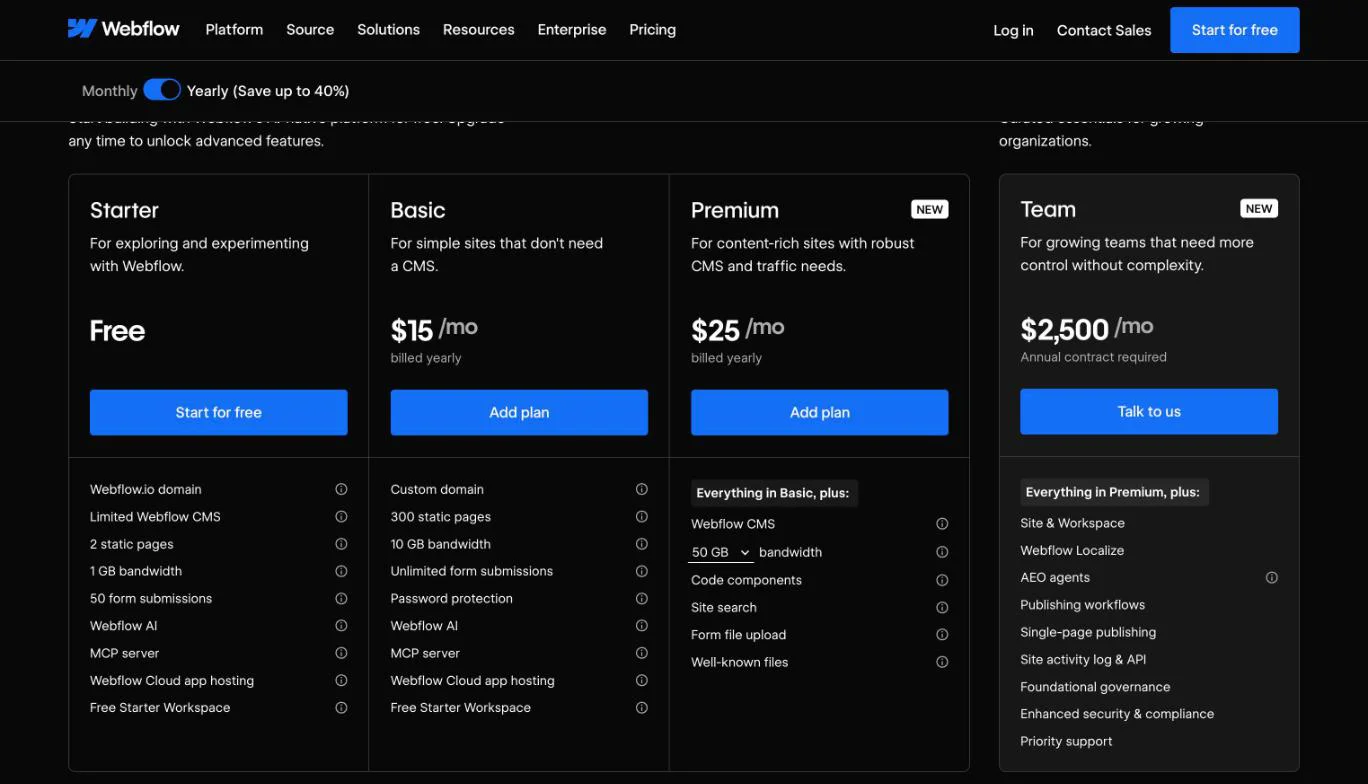 Webflow's site plans and prices, billed yearly. Screenshot of Webflow's pricing page, captured 14 October 2026